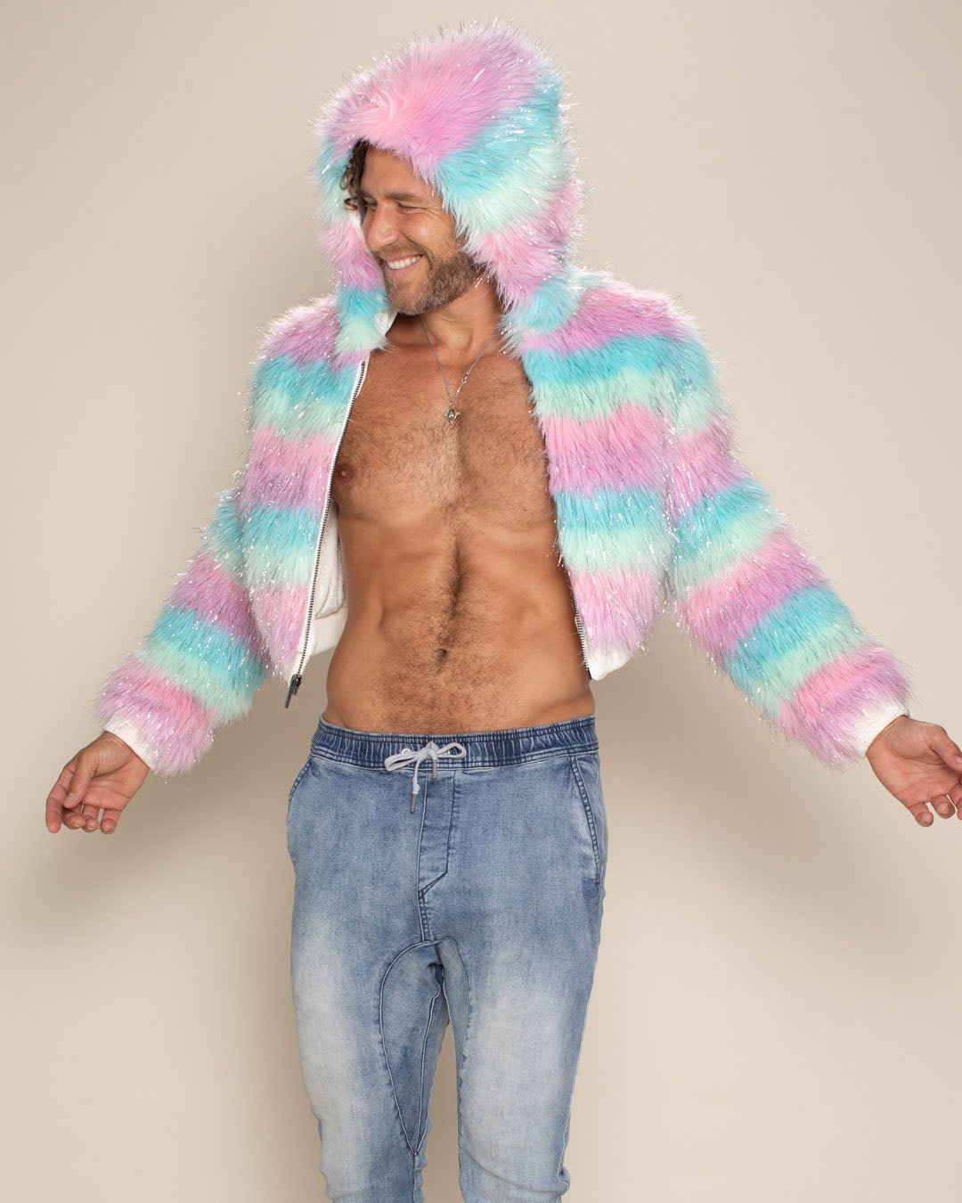 Men s Colorful Cropped Faux Fur Jacket Doll Party SpiritHoods