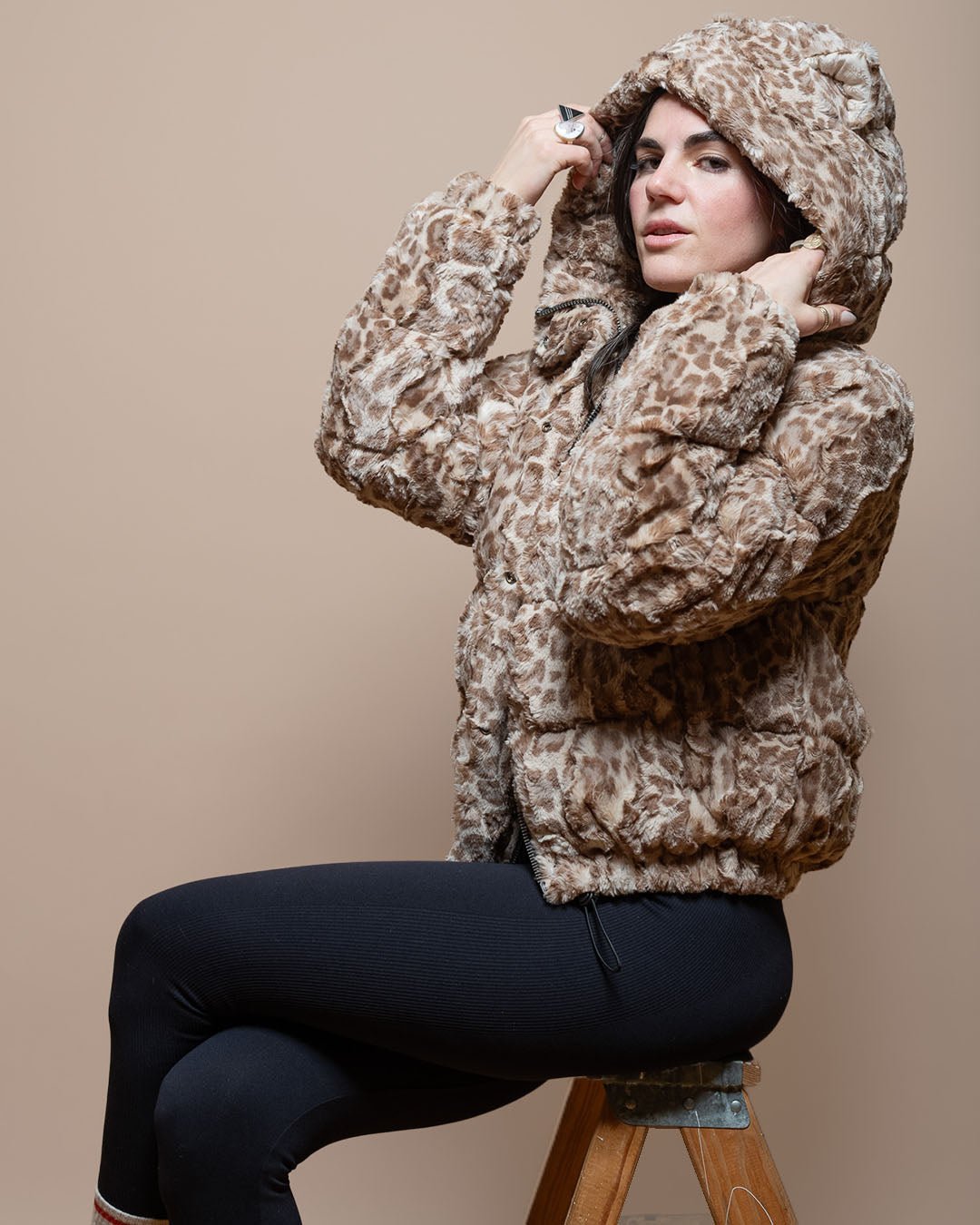 Classic Women's Hooded Puffer Jacket | Tan Leopard