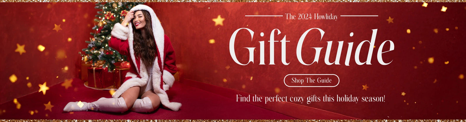 Holiday gift guide banner showing woman wearing a Santa-style robe.