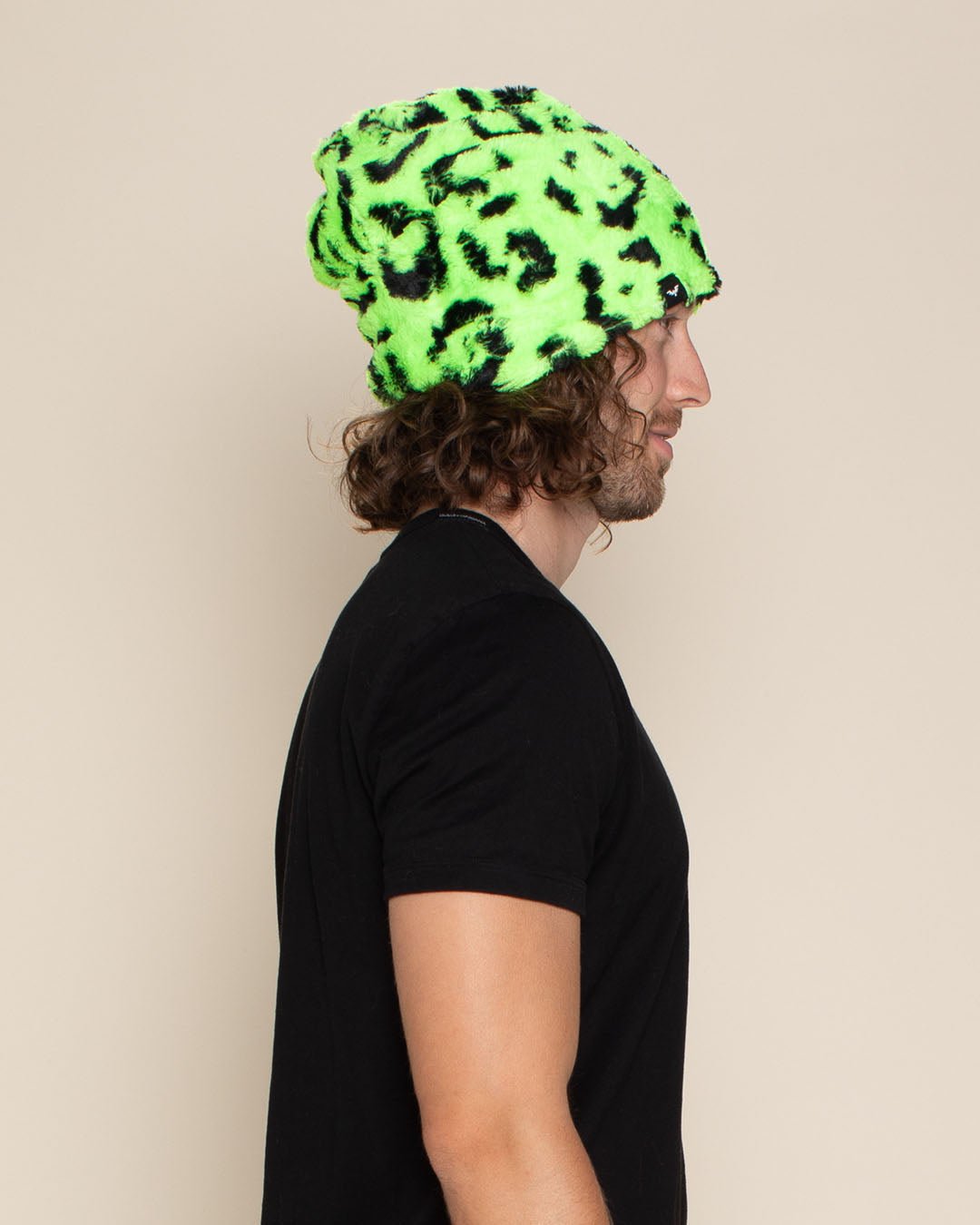 Neon Green Leopard Faux Fur Beanie | Men's