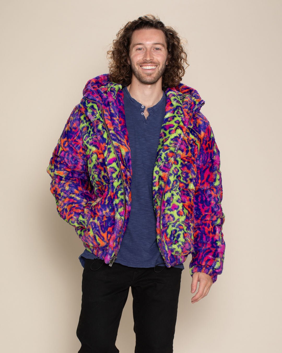 Men s Puffer Jacket with Hood Colorful Neon Disco Cat L neon multicolor leopard