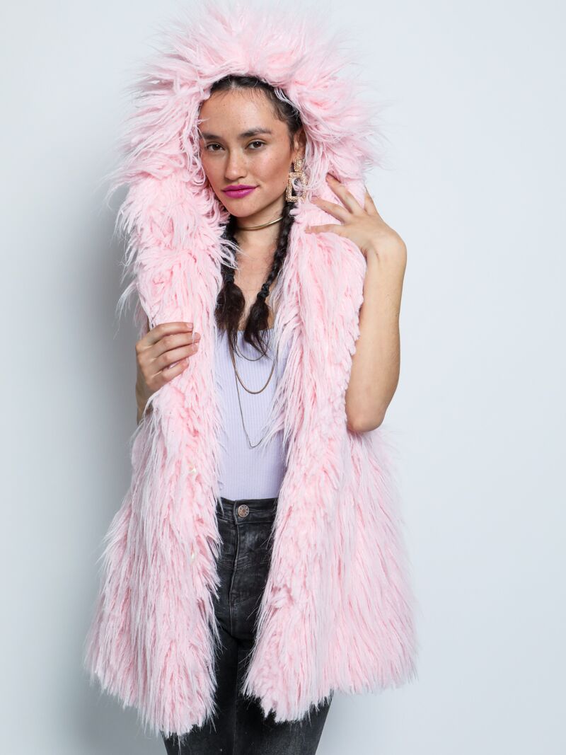 Woman wearing Flamingo Faux Fur Vest, front view 2