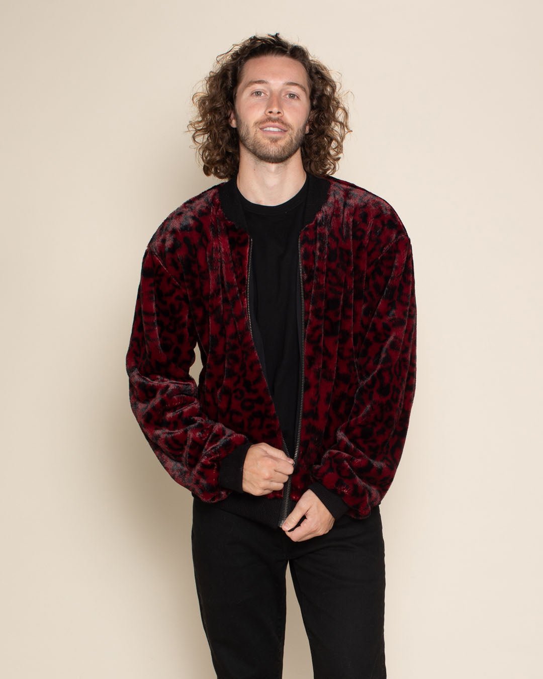 Shops Men's Red Velvet Leopard Biker Jacket