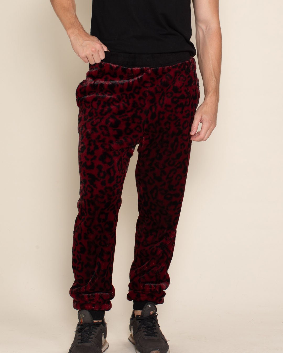 Men's Designer Sweatpants | Red Burgundy Leopard