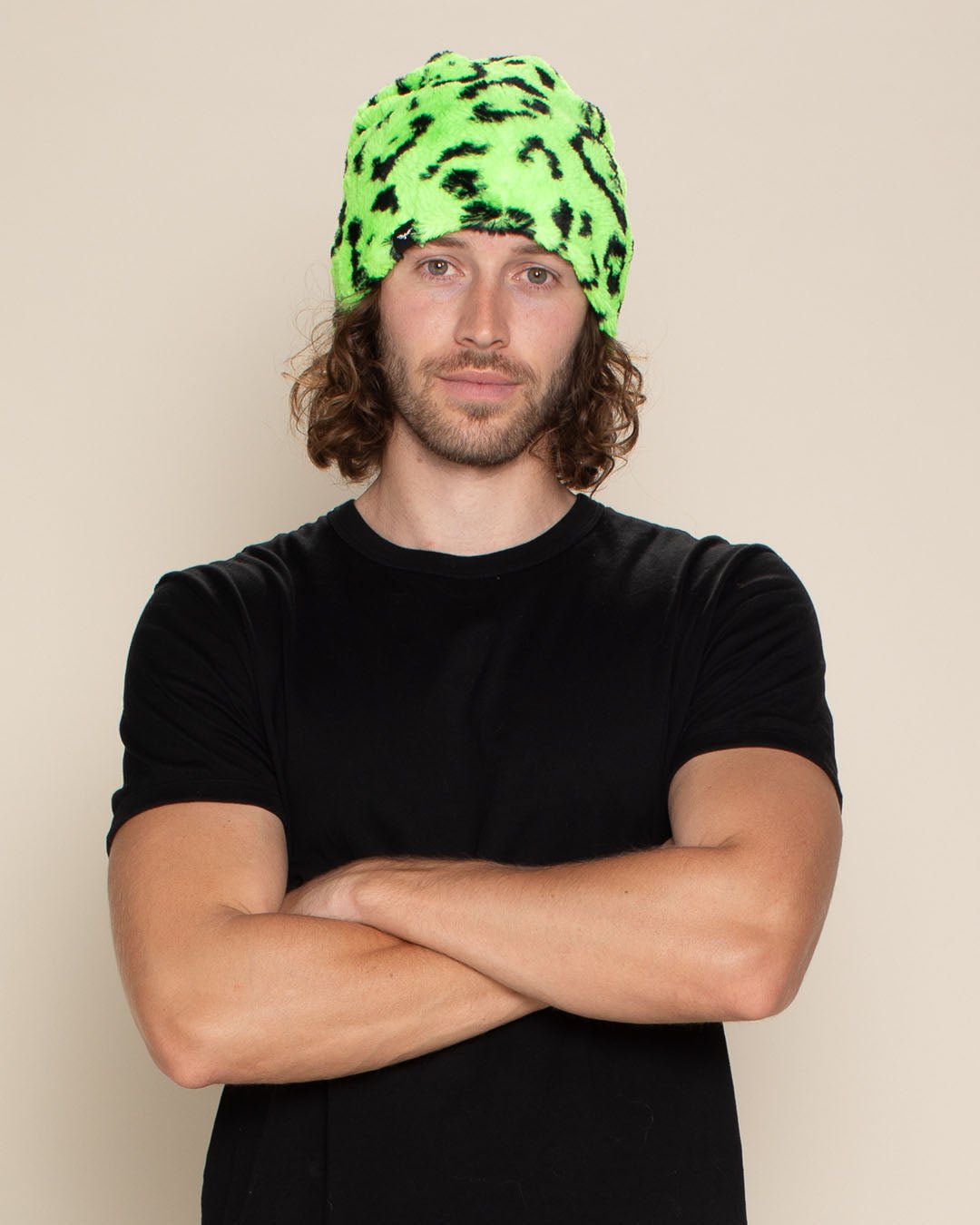 Neon Green Leopard Faux Fur Beanie | Men's