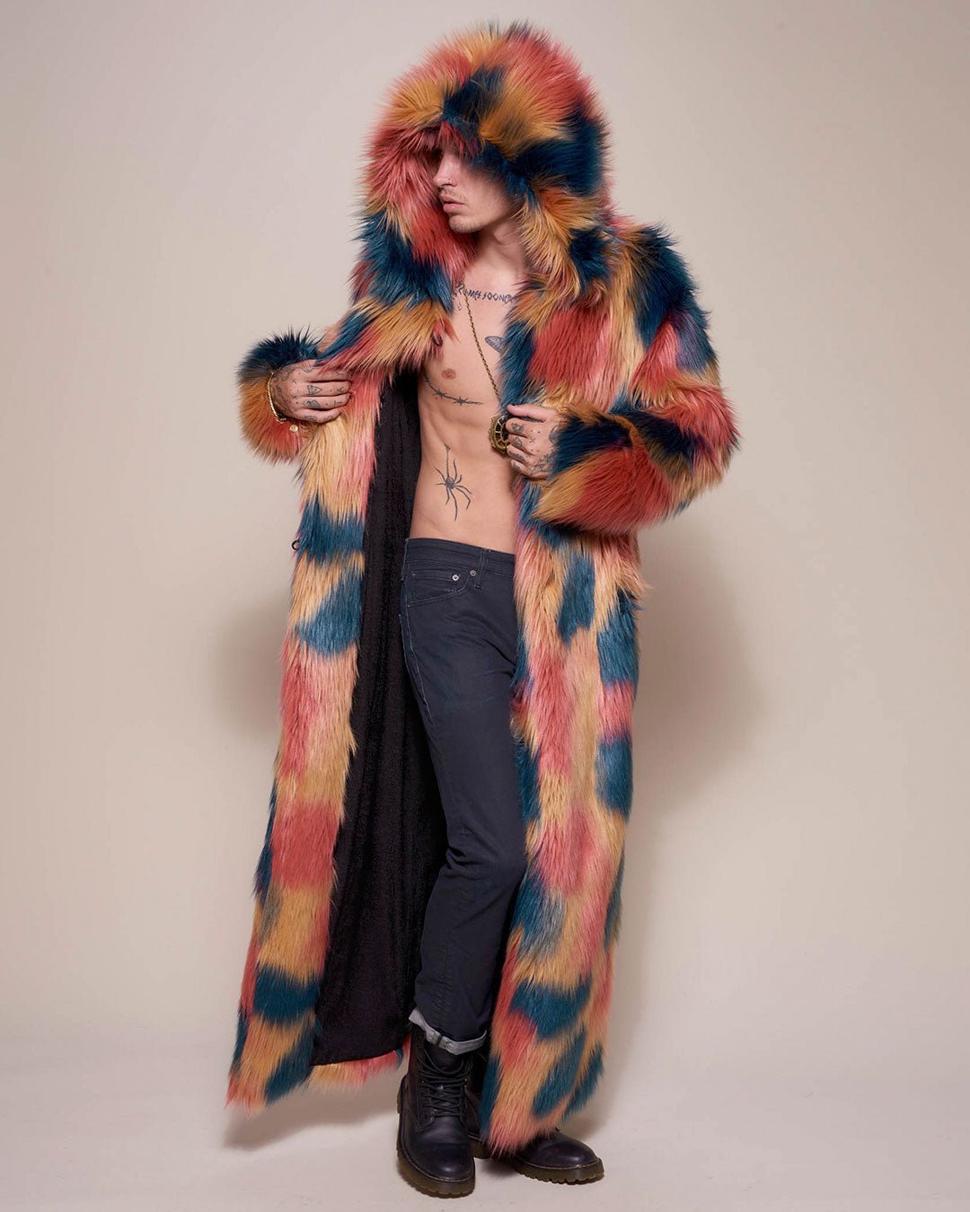 Man wearing American Swallow Hooded Faux Fur Long Coat, front view 3