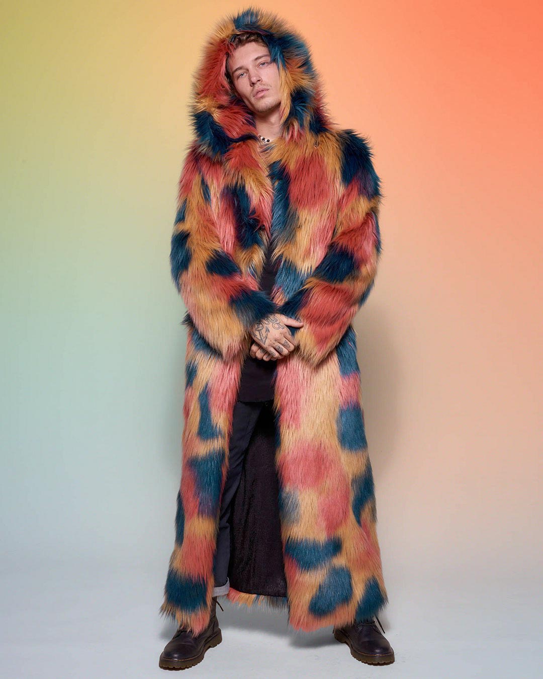 Man wearing American Swallow Hooded Faux Fur Long Coat, front view 1