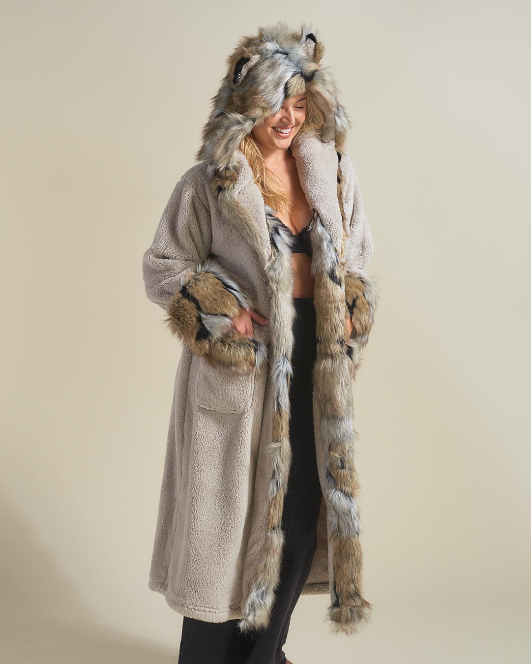 Woman wearing Wolverine Classic Faux Fur Robe, side view 2