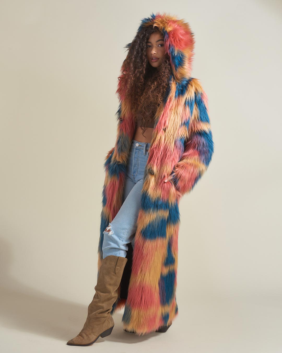 American Swallow Hooded Faux Fur Long Coat on Female