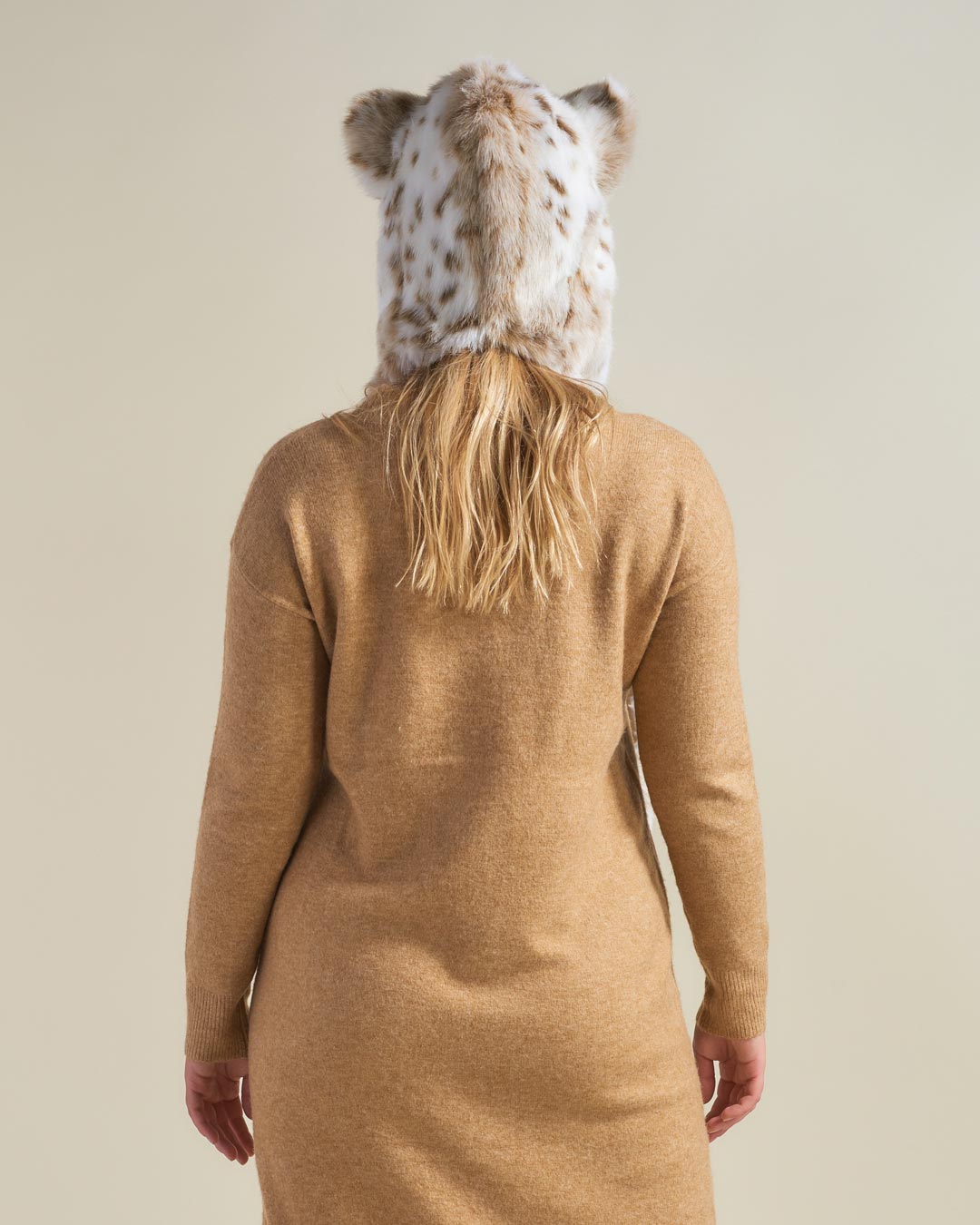 Back View of Siberian Snow Leopard Faux Fur Hood for Women