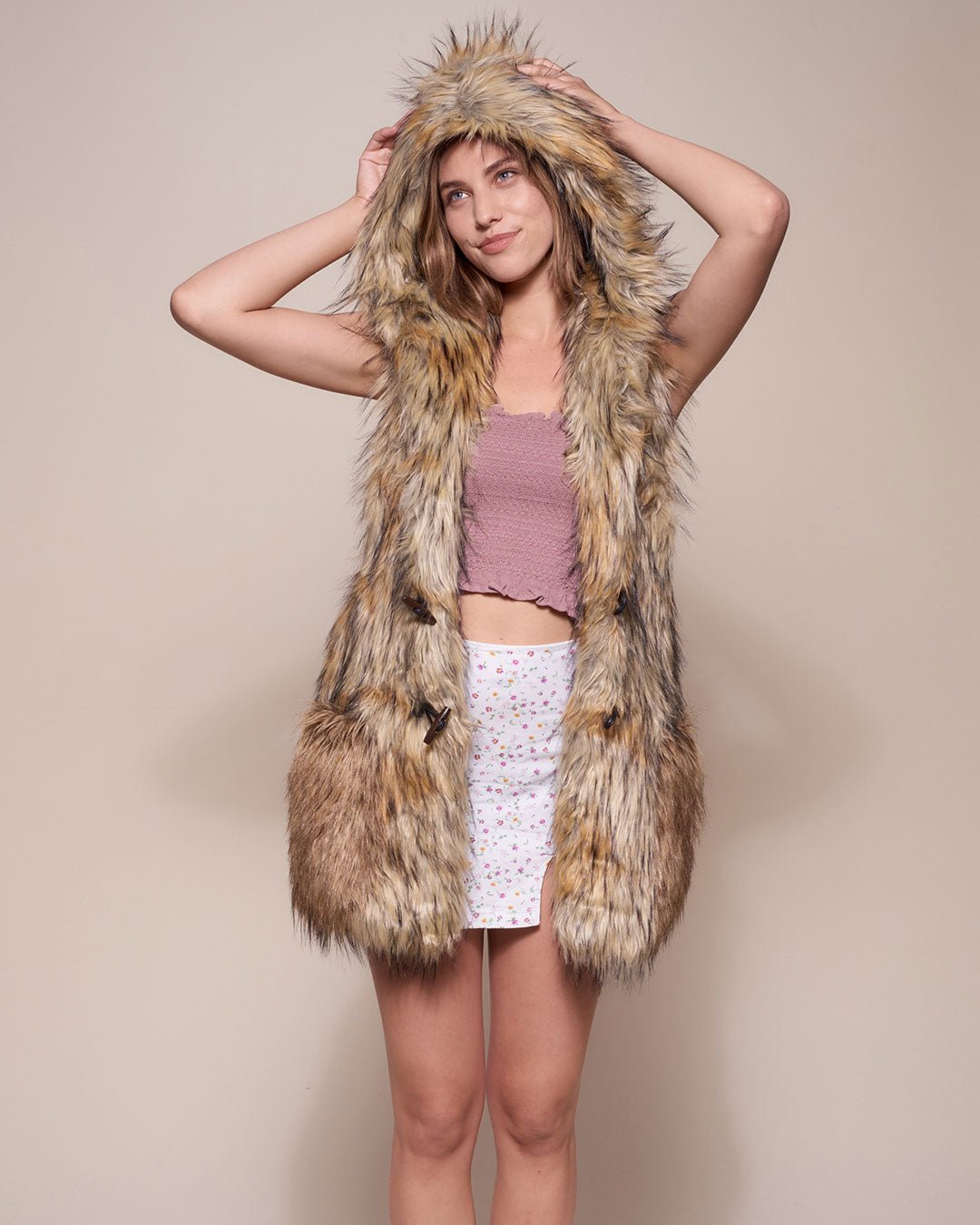 Female Wearing Golden Jackal Hooded Faux Fur Vest