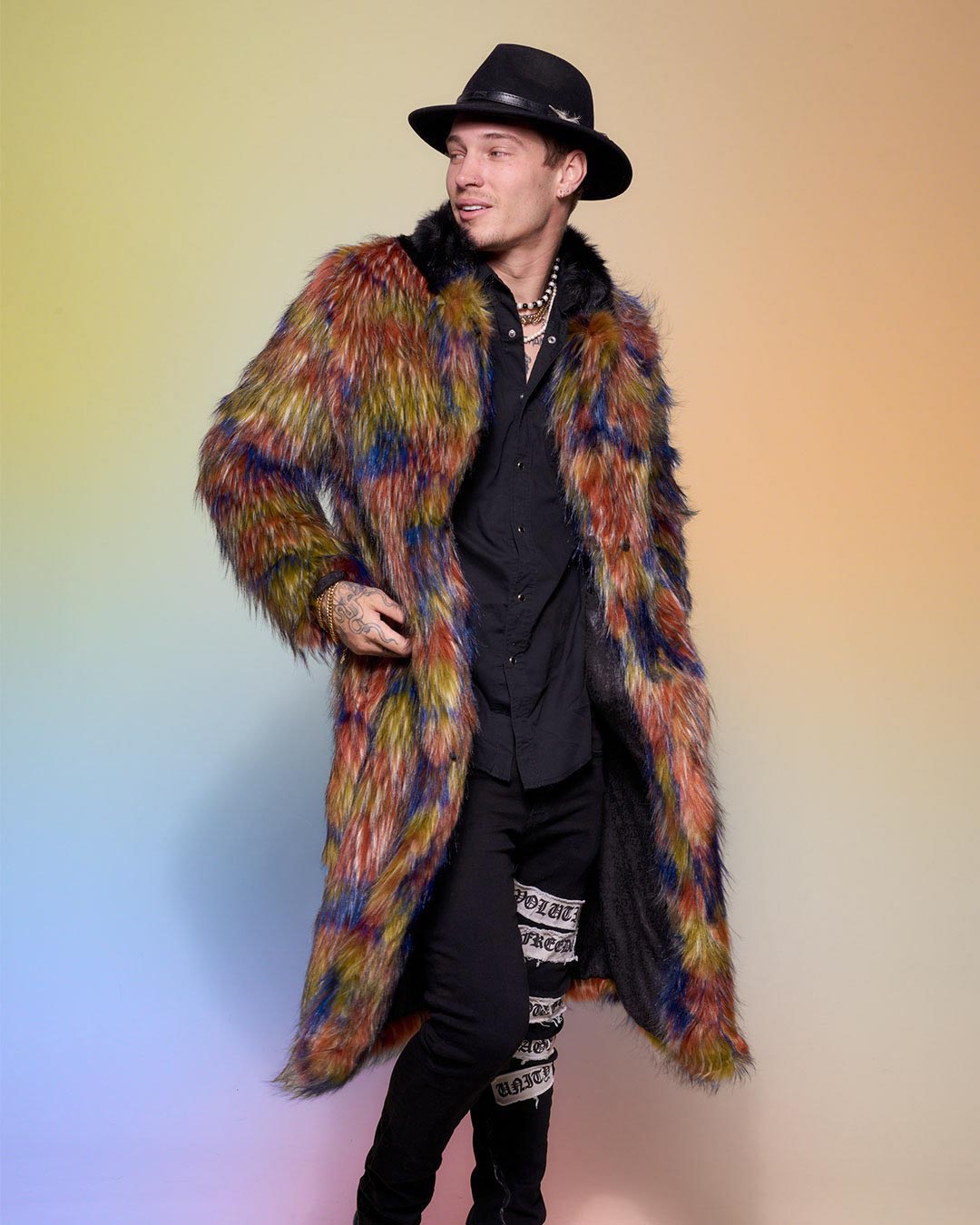 Stylish Parrot Calf Length Collared Faux Fur Coat Men s SpiritHoods