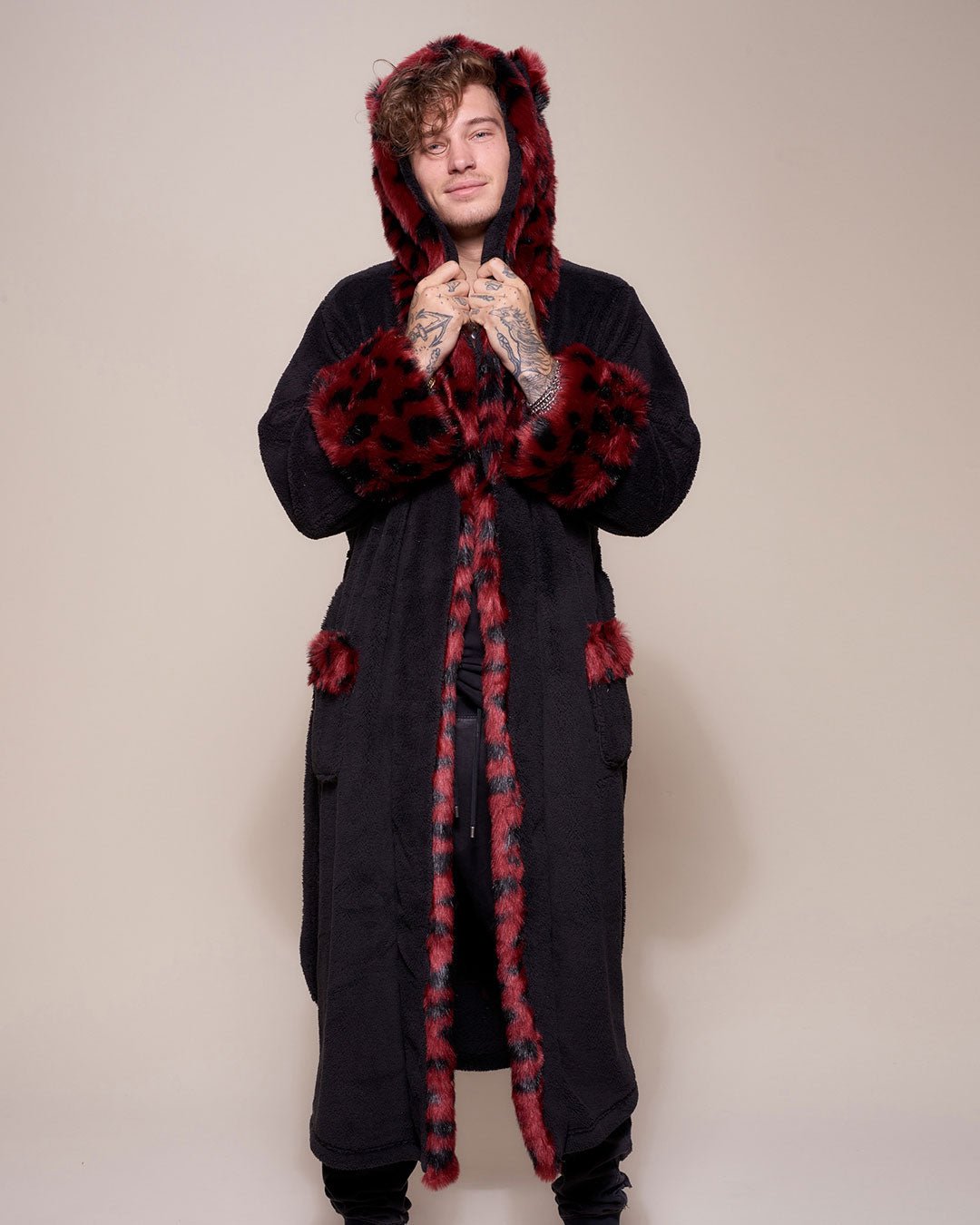 Hooded Faux Fur Robe in Wild Cat Design