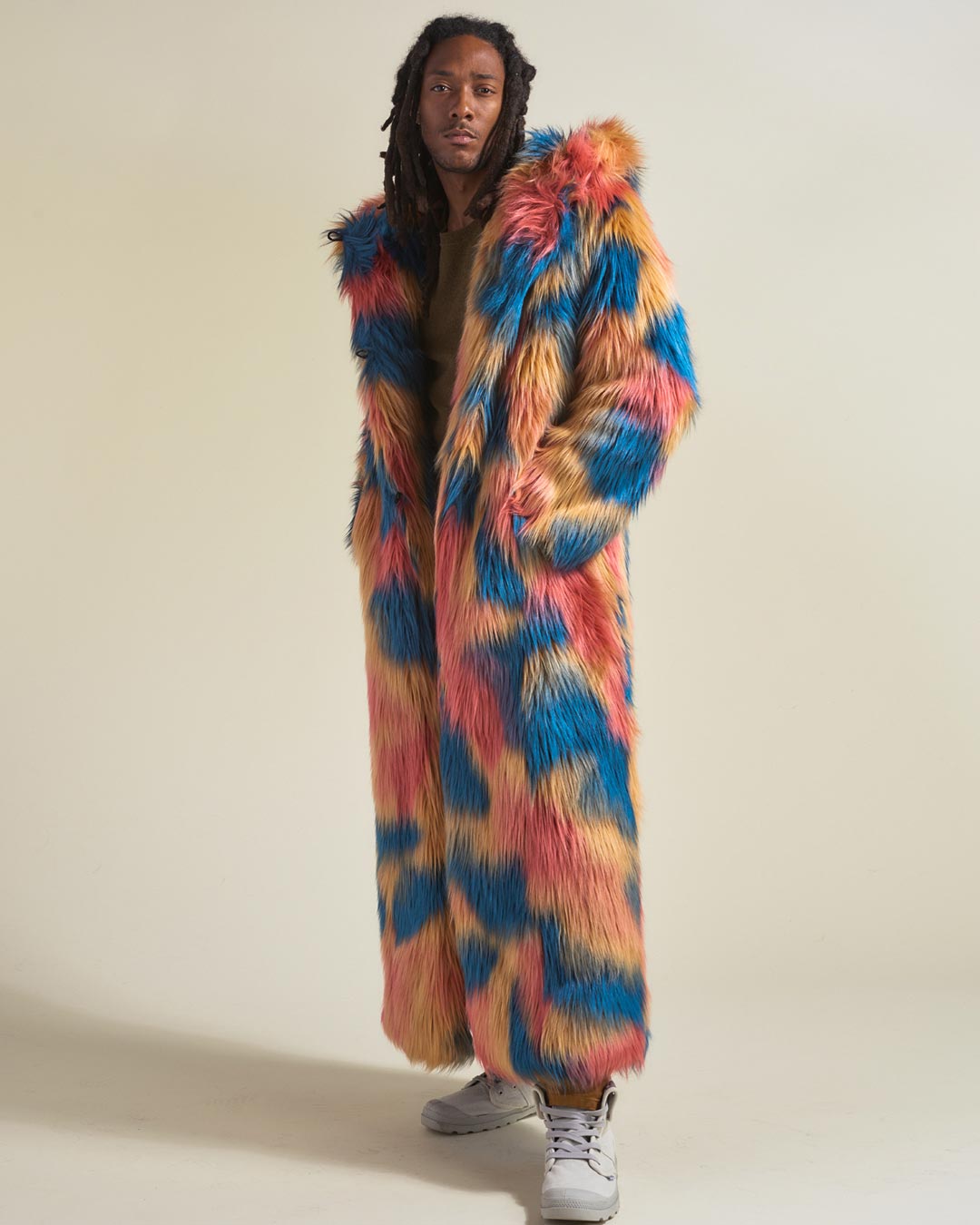 Man wearing American Swallow Hooded Faux Fur Long Coat, side view 1