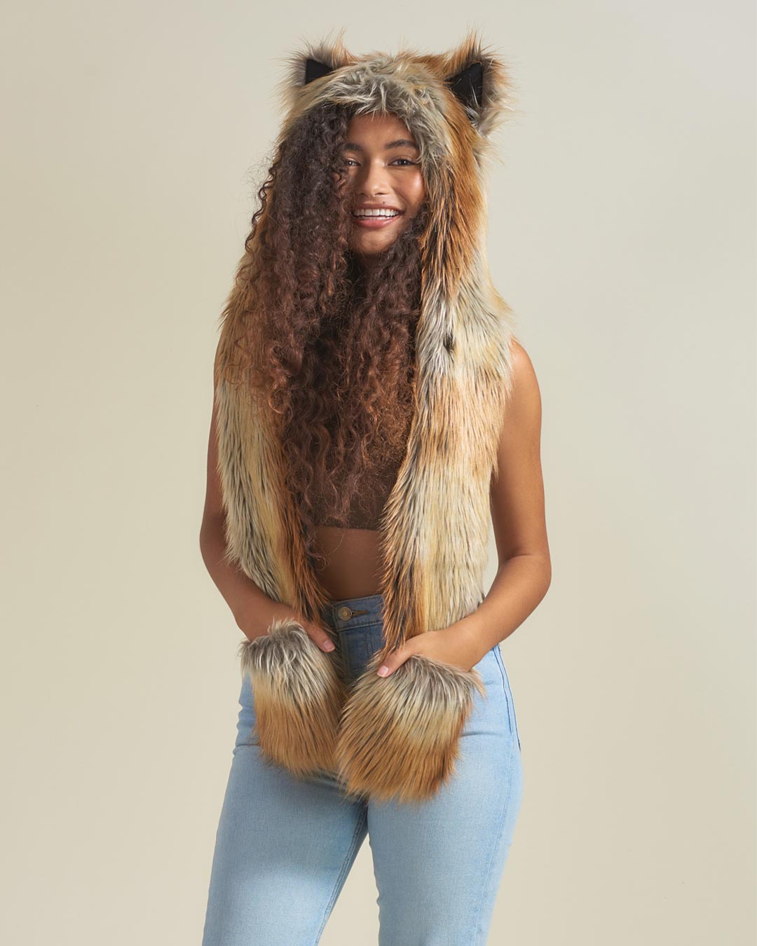 Smiling Woman in Red Fox Faux Fur Hood