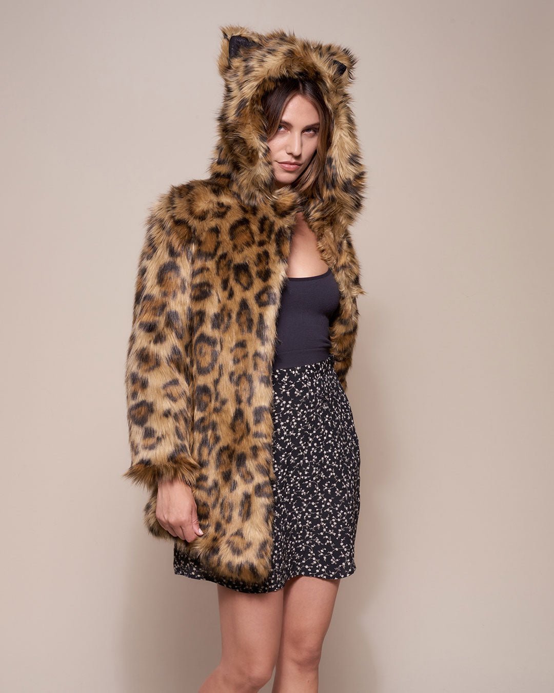 Woman wearing Javan Leopard Classic Faux Fur Coat *Almost Purfect* SpiritHood, side view