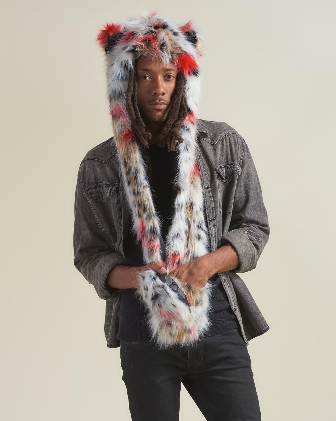 Red, Black, and White Strawberry Leopard Collector Edition Faux Fur Hood on Male