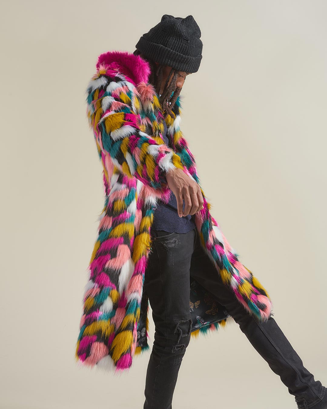 Rainbow Butterfly Calf Length Faux Fur Coat | Men's - SpiritHoods