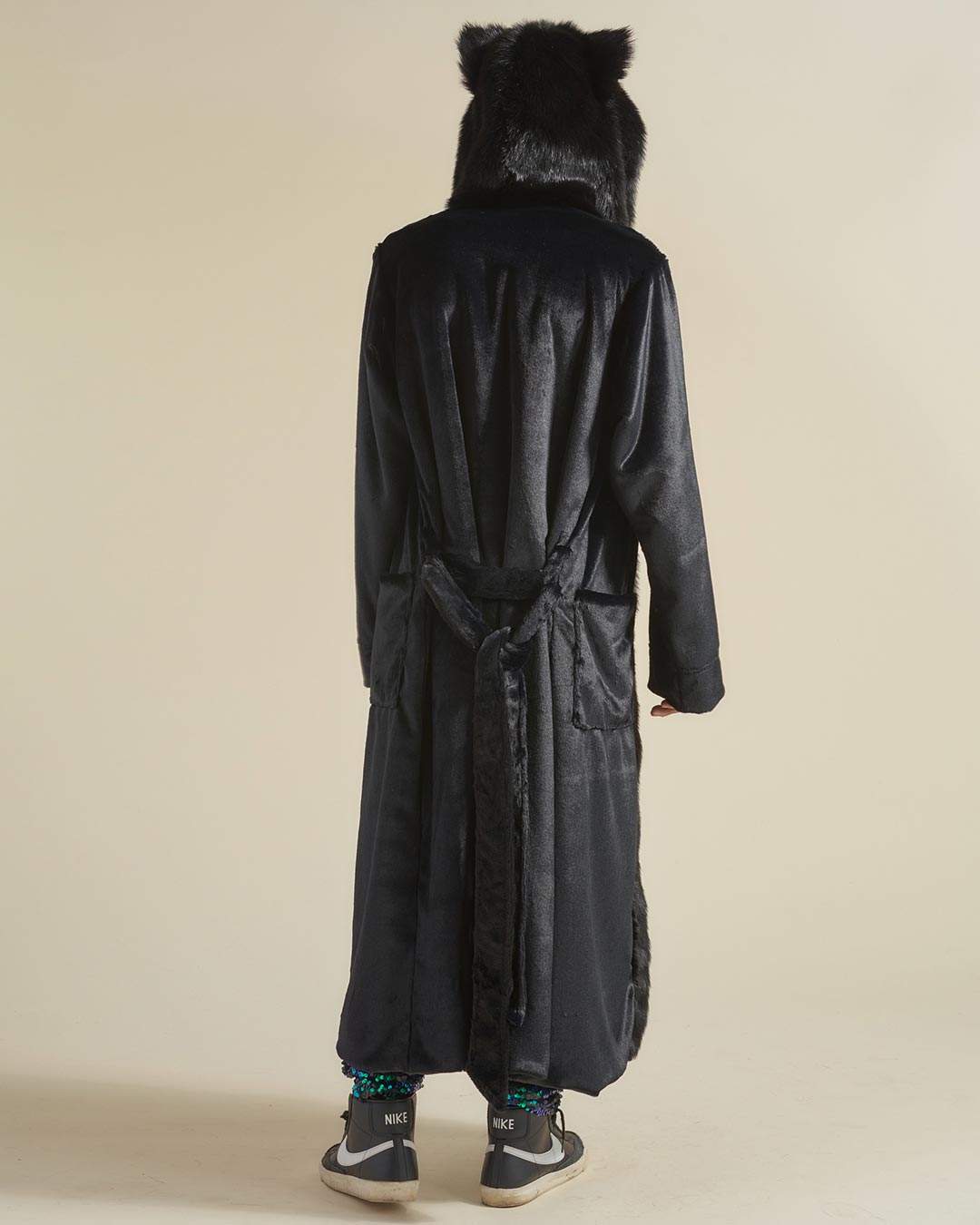 Back View of Black Panther Classic Faux Fur Style Robe on Man