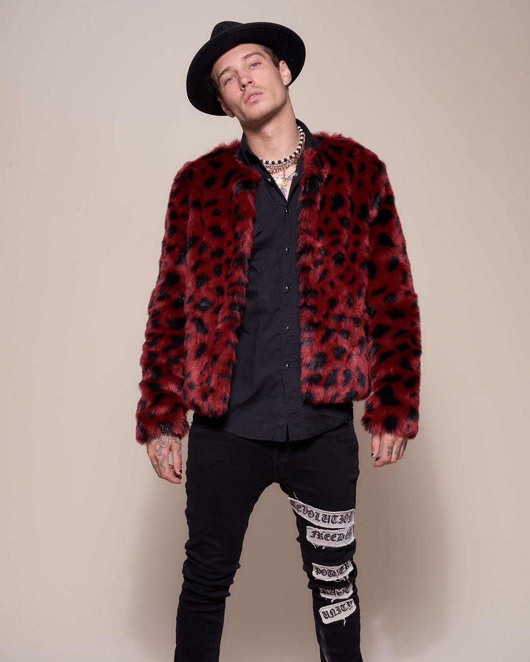 Wild Cat Faux Fur Bomber Jacket on Male Model