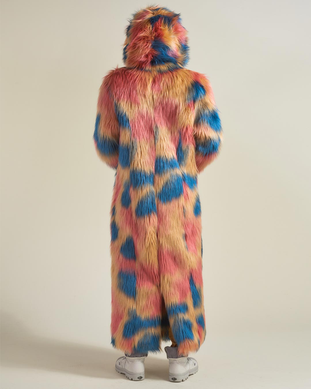 Man wearing American Swallow Hooded Faux Fur Long Coat, back view