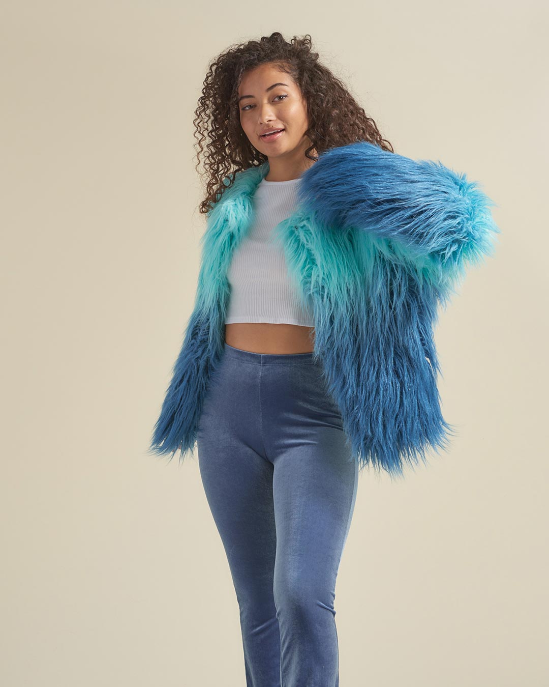 Faux Fur Bomber Jacket for Women in Sea Alpaca Design