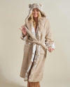 Woman wearing Snow Leopard Classic Faux Fur Robe, front view 2