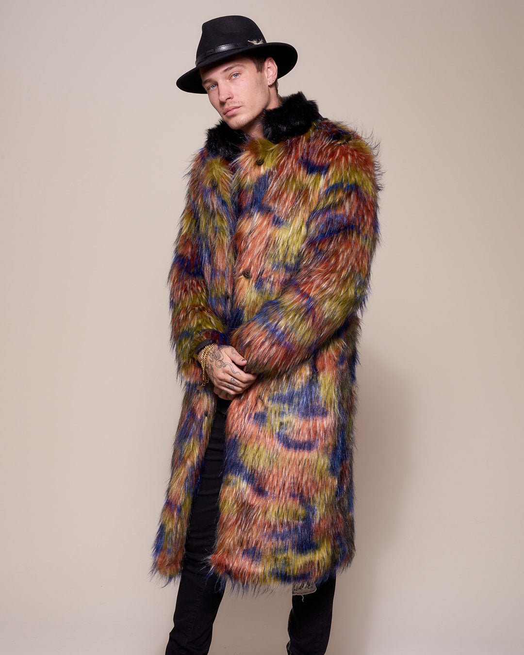 Parrot Calf Length Collared Faux Fur Coat on Male Model