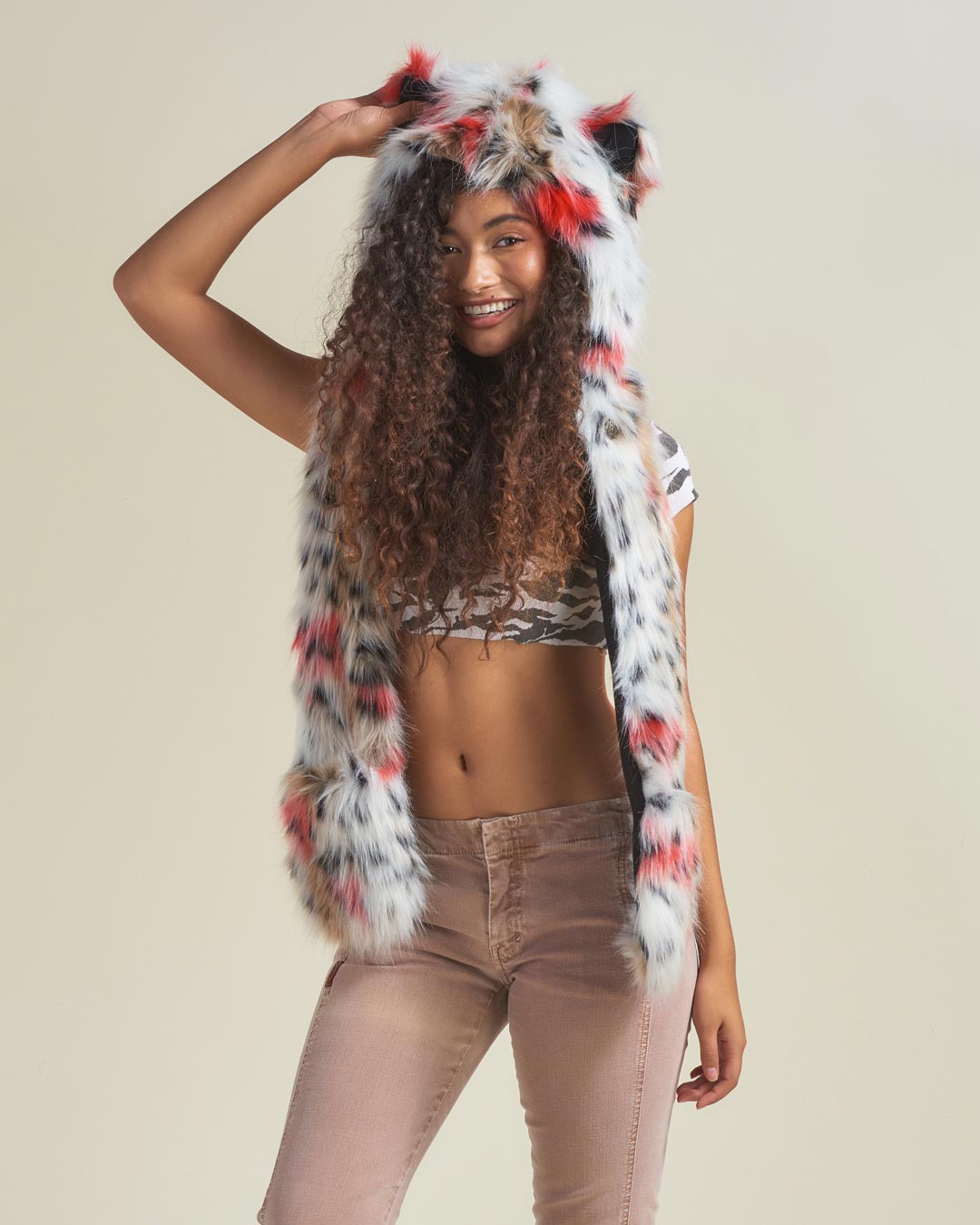 Female Wearing Strawberry Leopard Collector Edition Faux Fur Hood