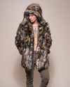 Man wearing Brindle Wolf Hooded Faux Fur Coat, front view 3