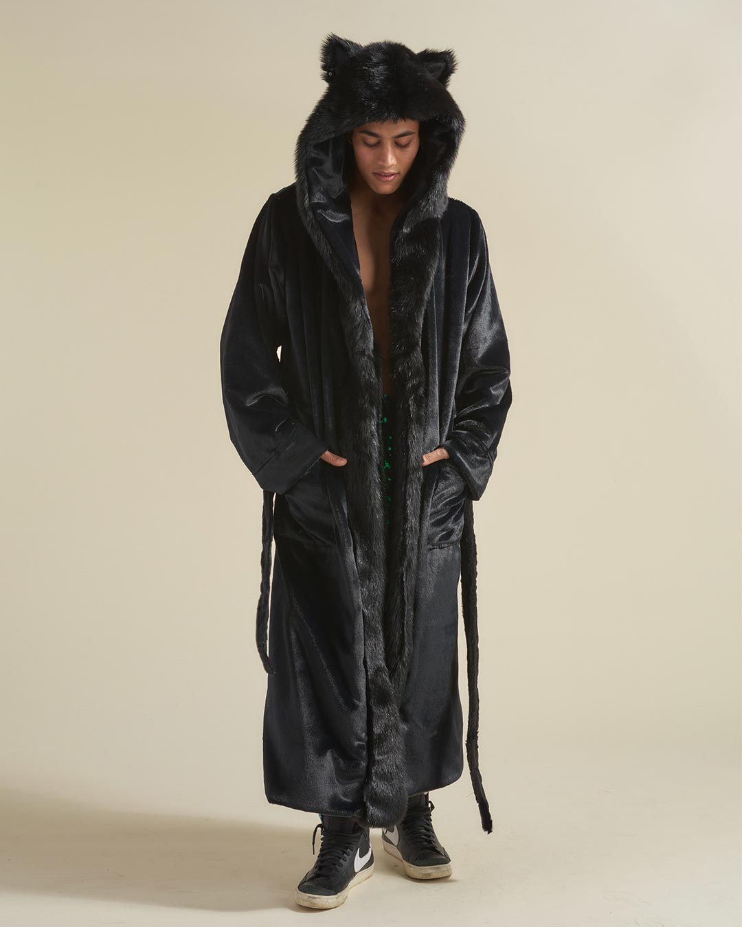 Man Wearing Black Panther Classic Faux Fur Style Robe