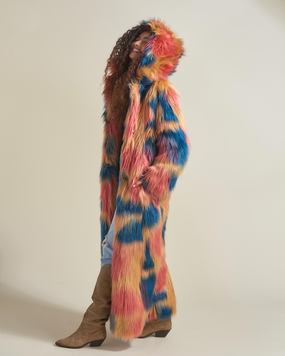 Hooded Faux Fur Long Coat with American Swallow Design