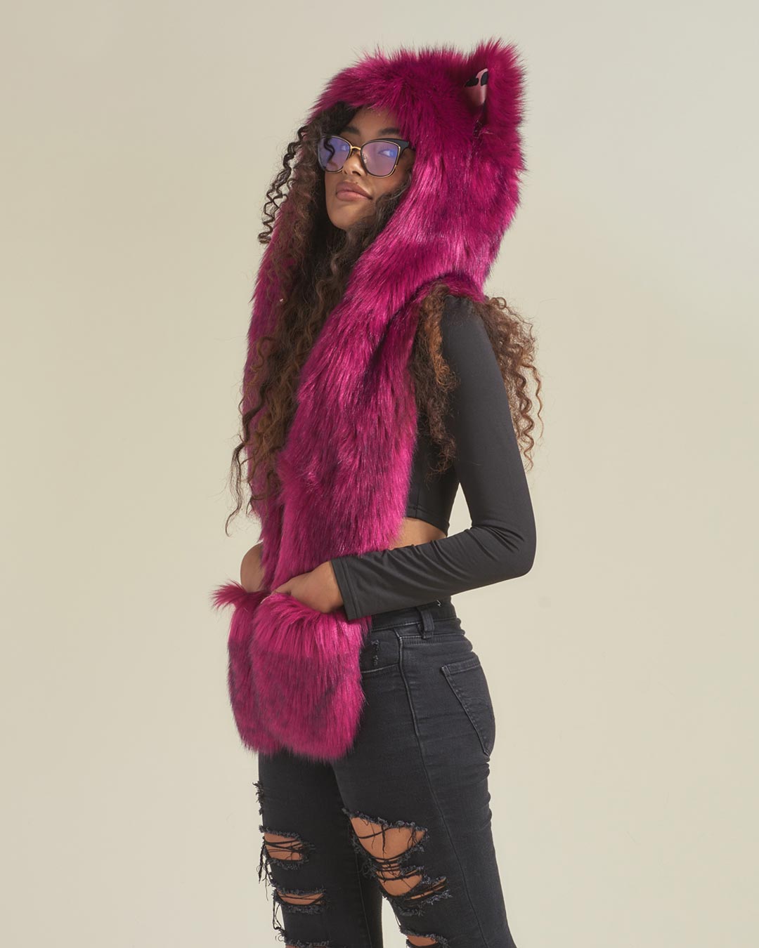 Female Model Wearing Love Wolf Collector Edition Faux Fur Hood