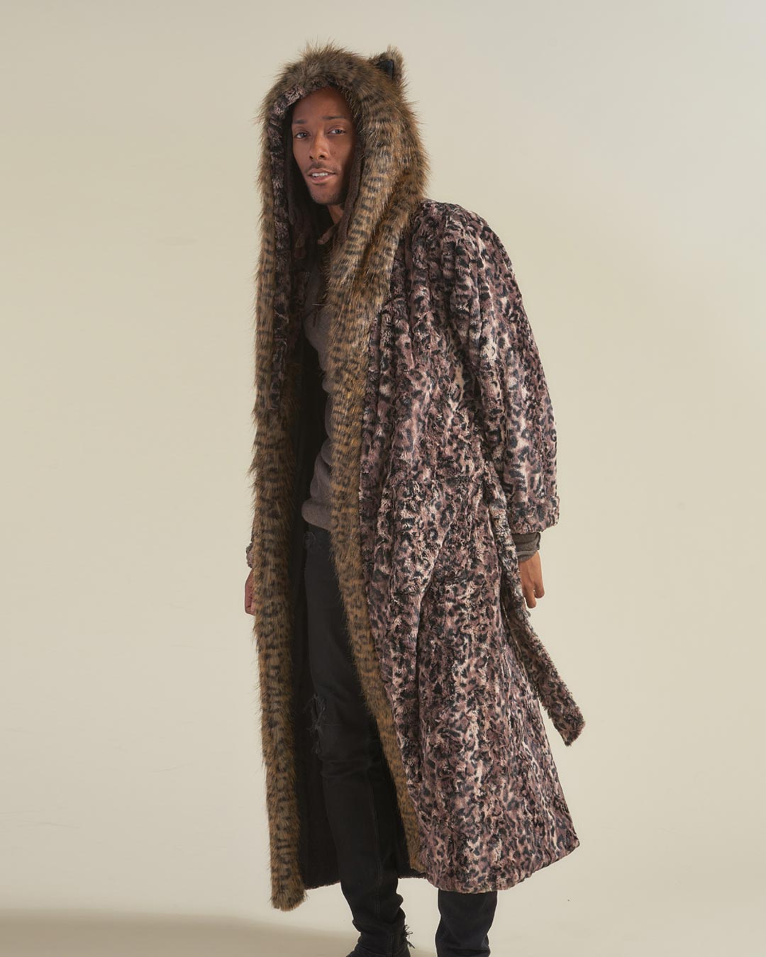 Man wearing Savannah Cat Classic Faux Fur Style Robe, side view 1