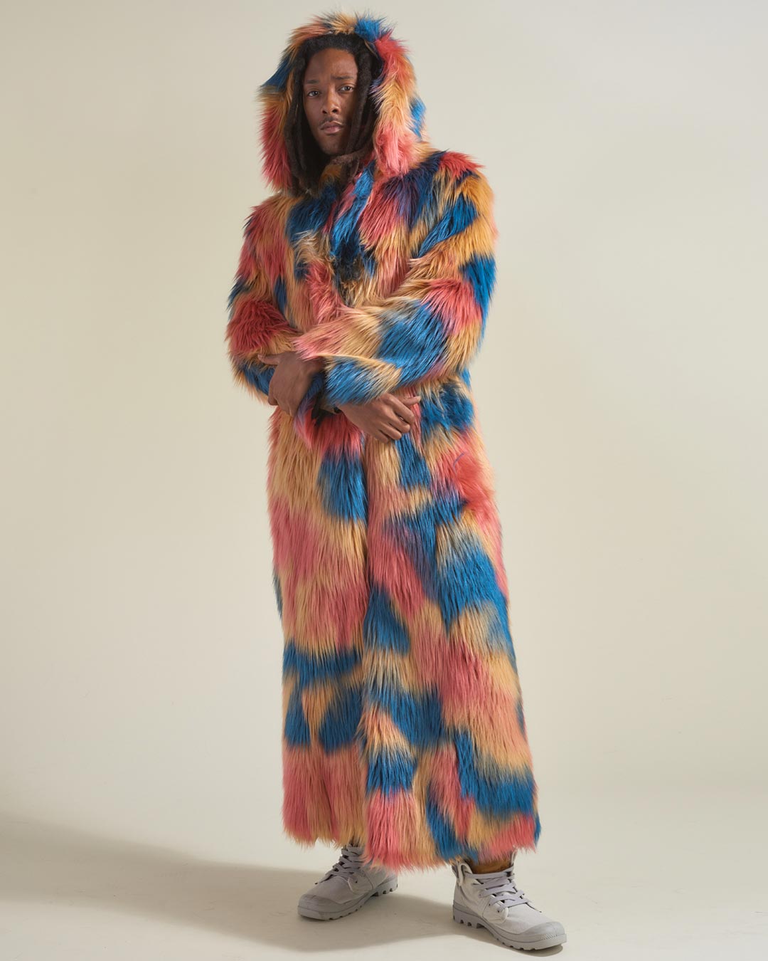 Man wearing American Swallow Hooded Faux Fur Long Coat