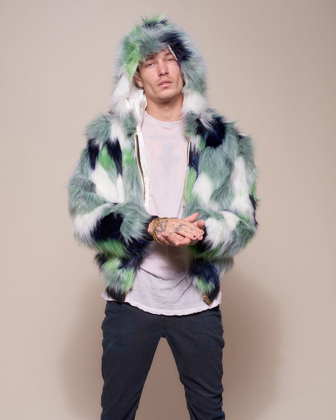 Man wearing Emerald Hummingbird Hooded Faux Fur Bomber Jacket, front view 2