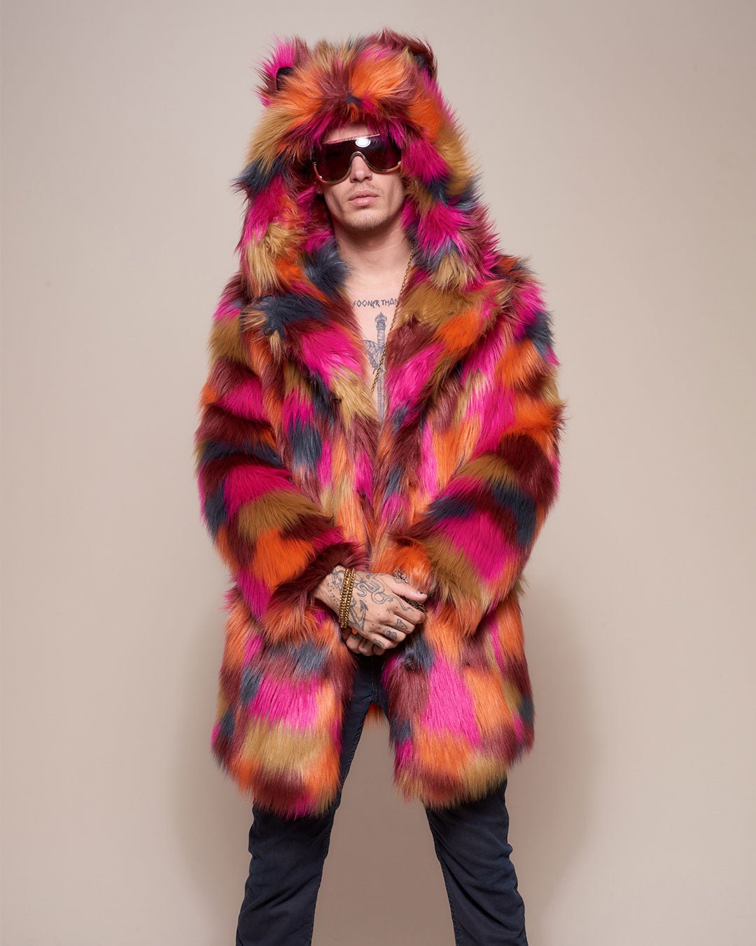 Man wearing Calico Leopard Classic Faux Fur Coat, front view 3