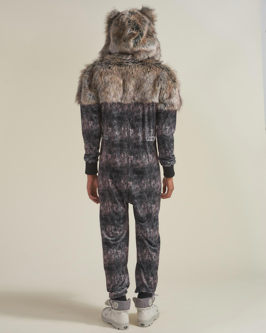 Man wearing Grazer Wolf Artist Edition Faux Fur Animal Onesie, back view