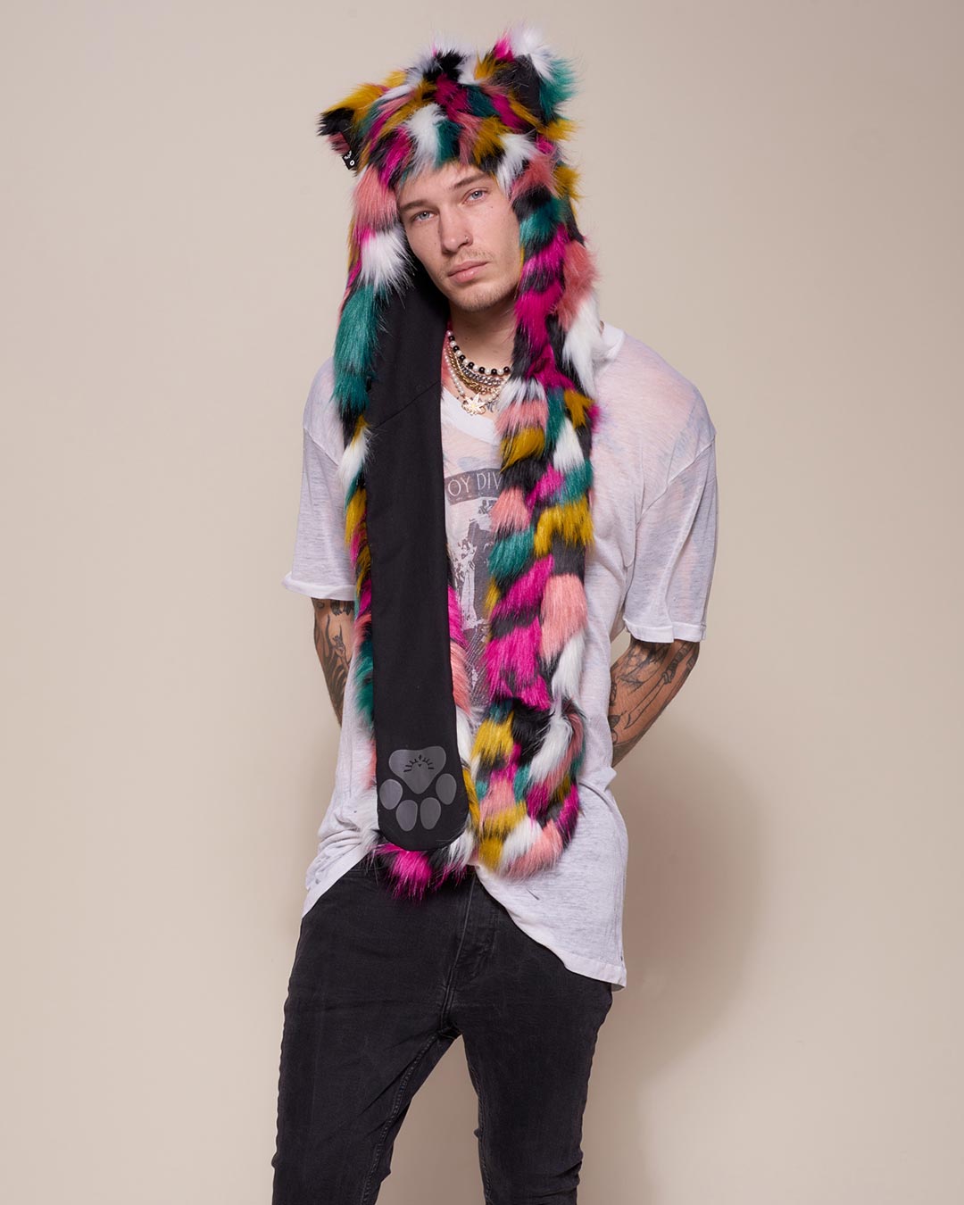 Man wearing Rainbow Leopard Collector Edition Faux Fur Hood, front view