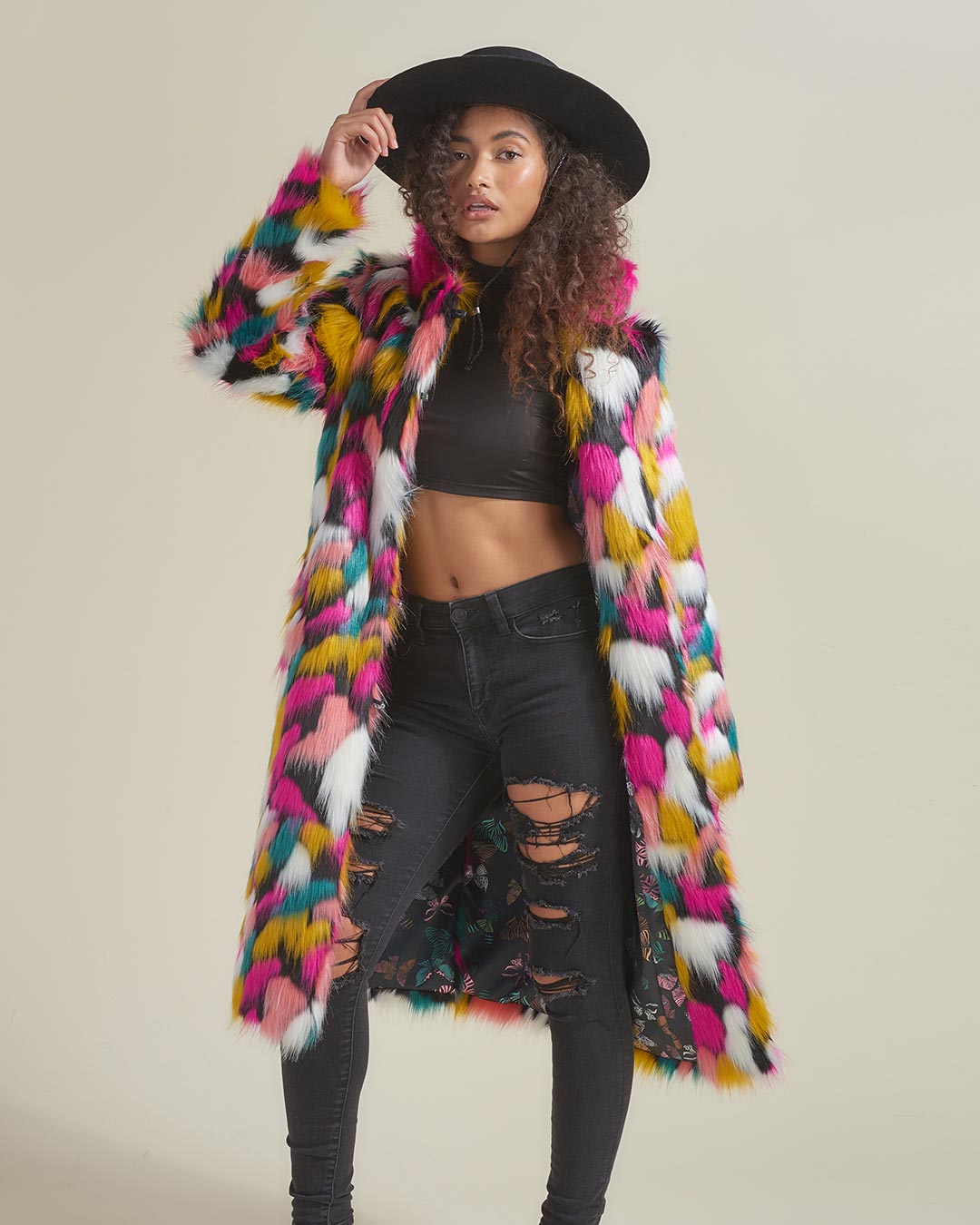 Rainbow Butterfly Calf Length Faux Fur Coat | Women&#39;s - SpiritHoods