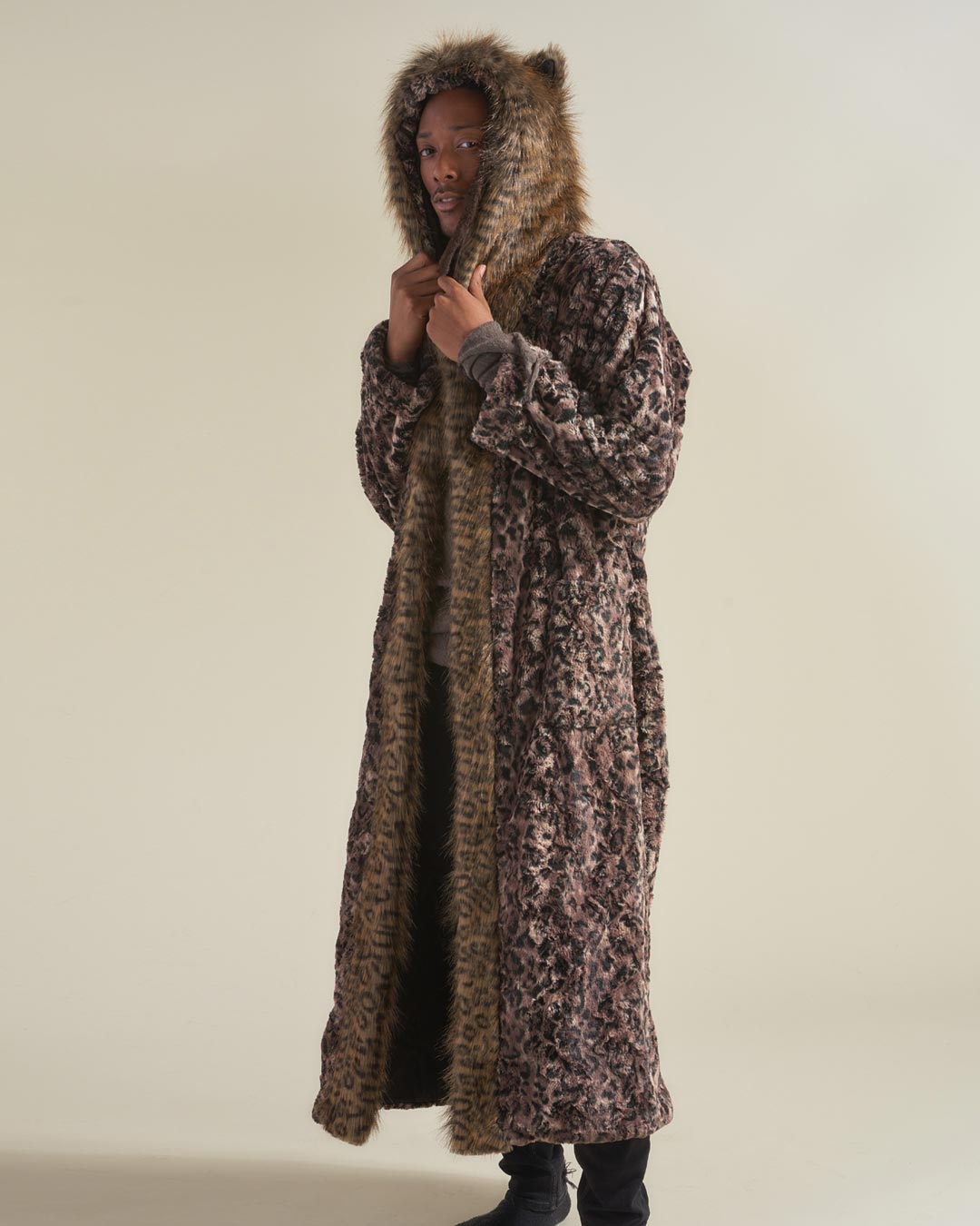 Man wearing Savannah Cat Classic Faux Fur Style Robe, side view 3