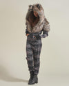 Woman wearing Grazer Wolf Artist Edition Faux Fur Animal Onesie, front view 5