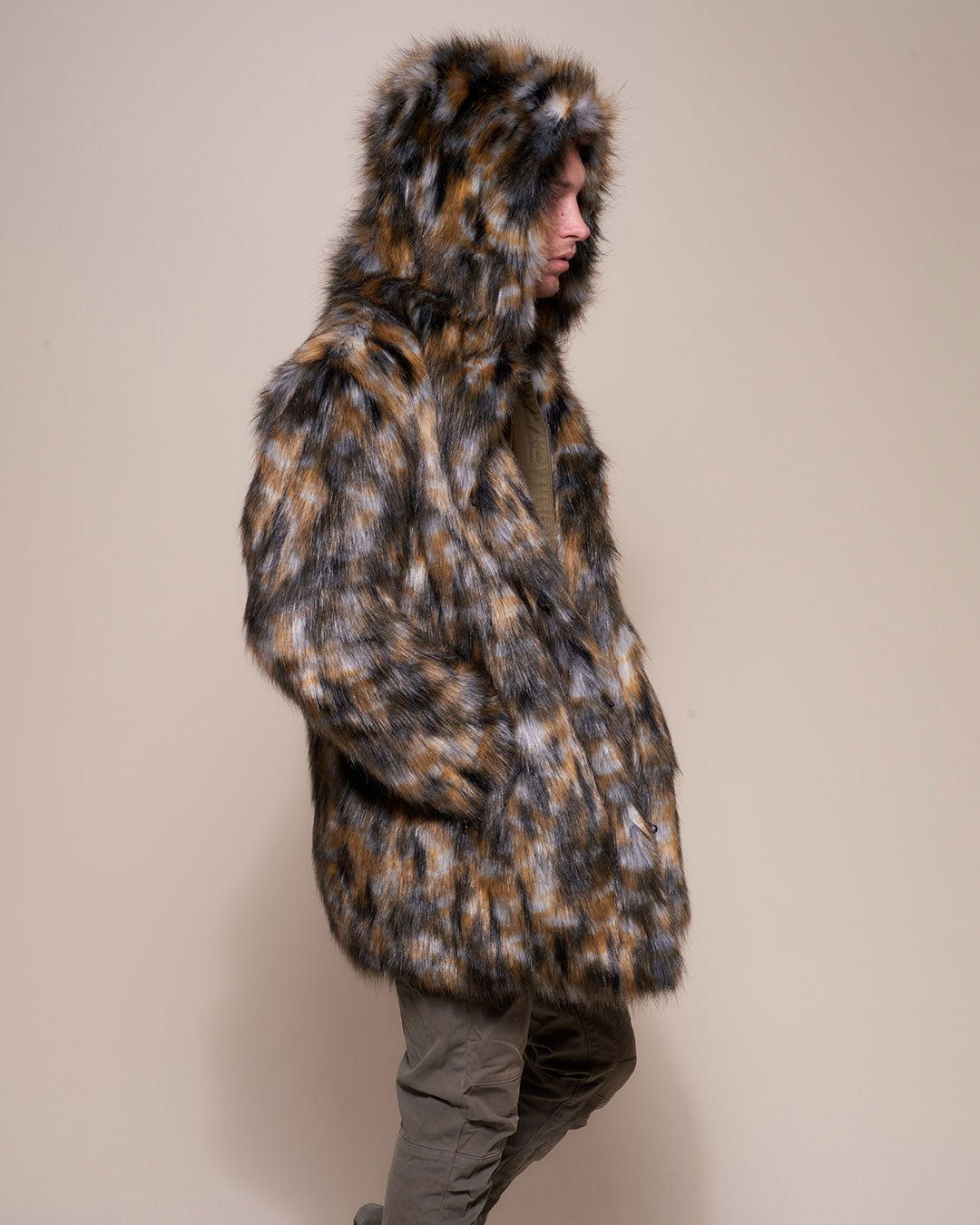 Man wearing Brindle Wolf Hooded Faux Fur Coat, side view 1