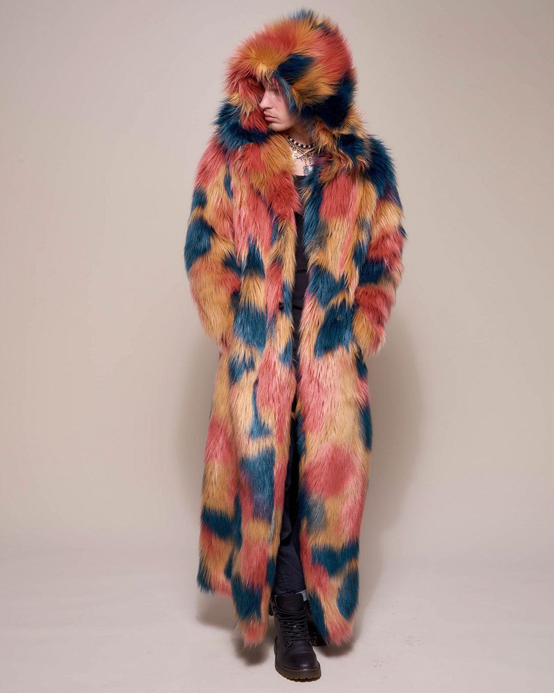 Man wearing American Swallow Hooded Faux Fur Long Coat, front view 2