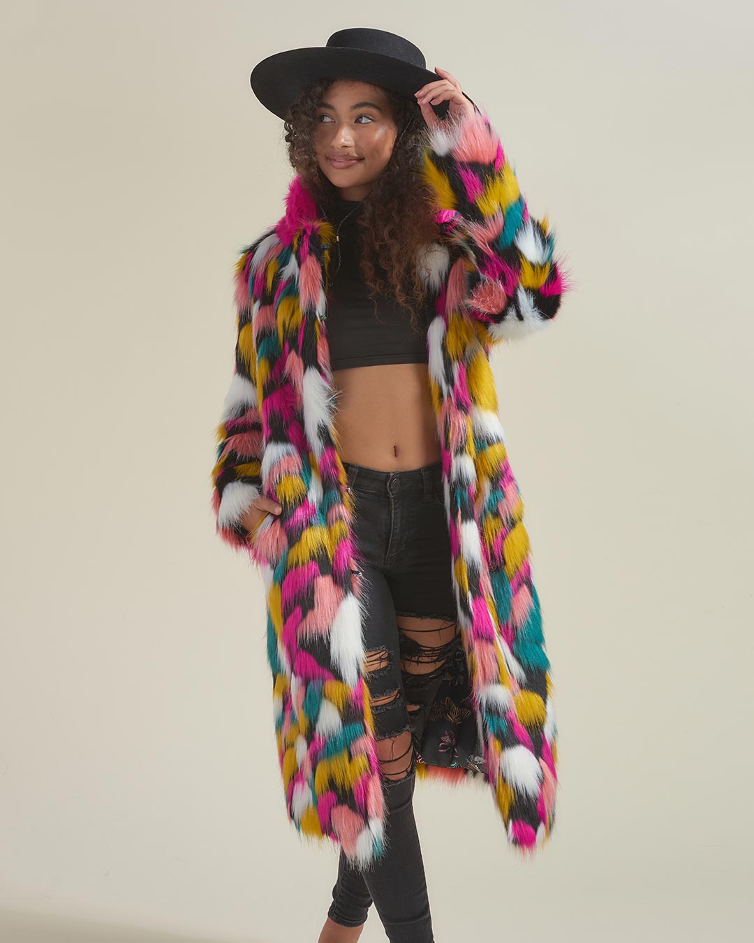 Rainbow Butterfly Calf Length Faux Fur Coat | Women's - SpiritHoods