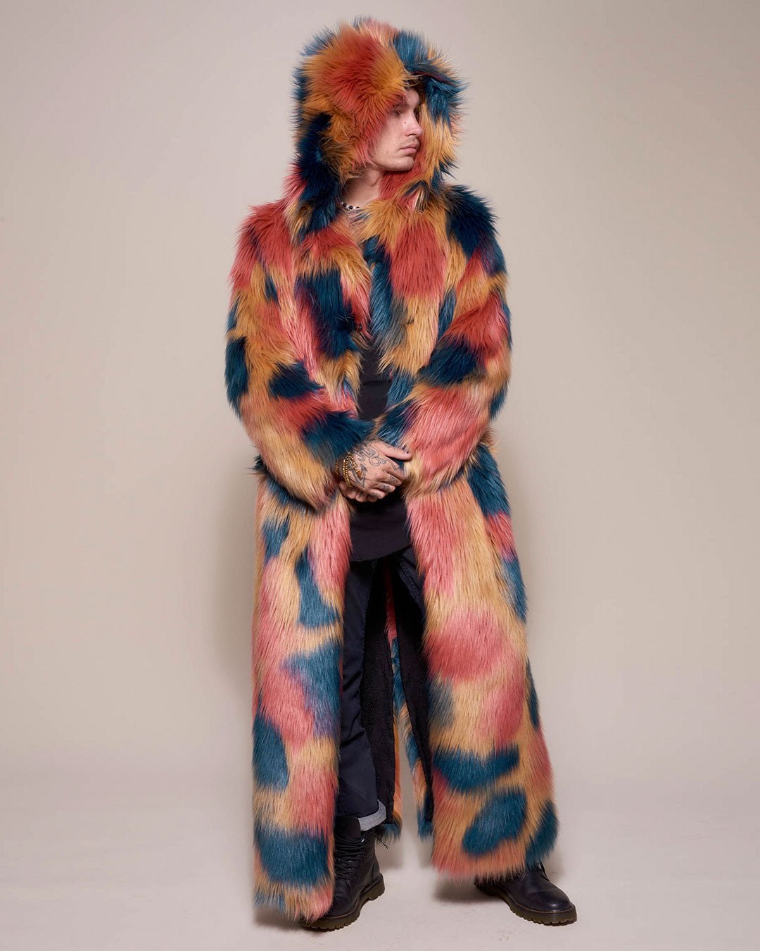 Man wearing American Swallow Hooded Faux Fur Long Coat, front view 4