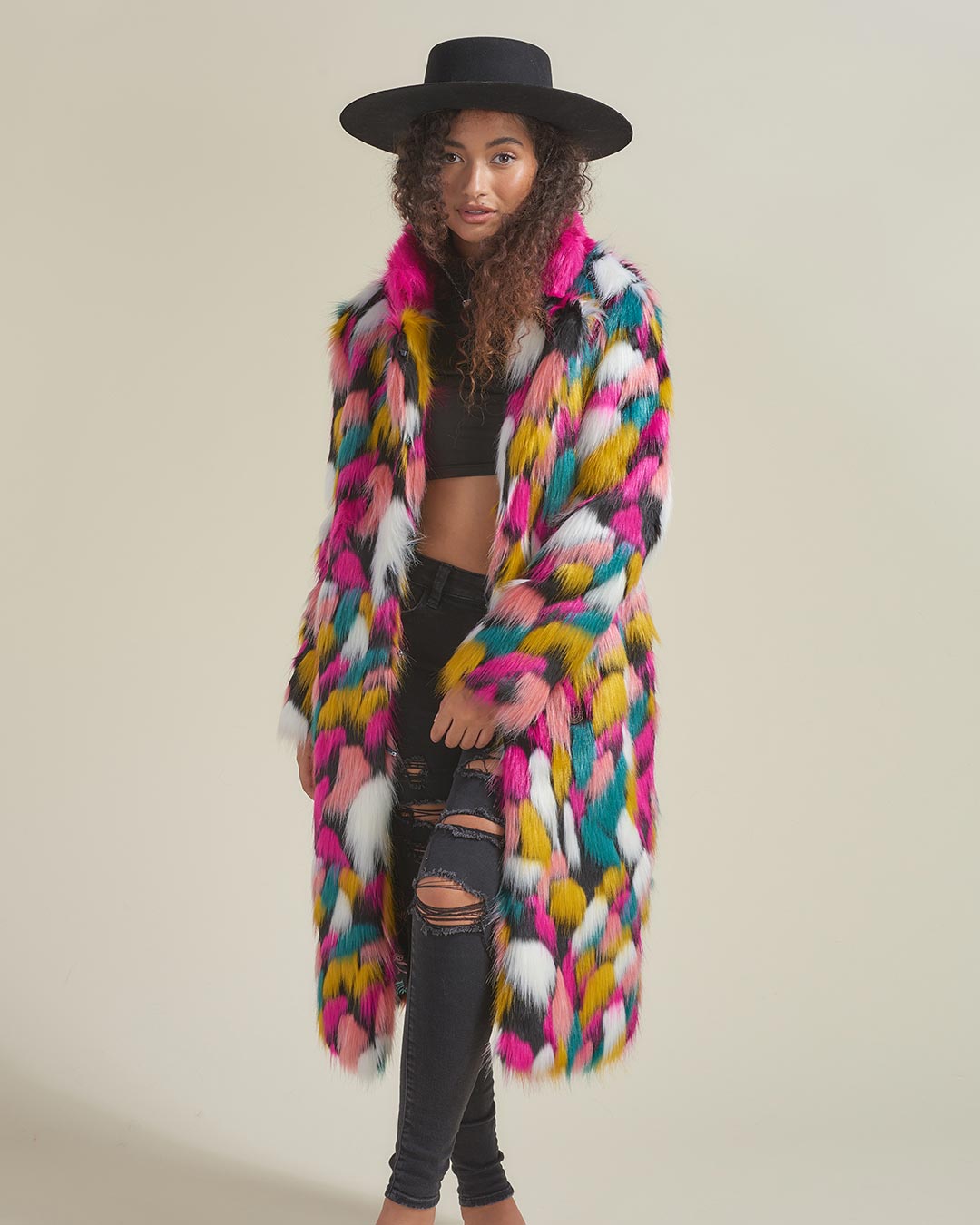 Rainbow Butterfly Calf Length Faux Fur Coat | Women's - SpiritHoods