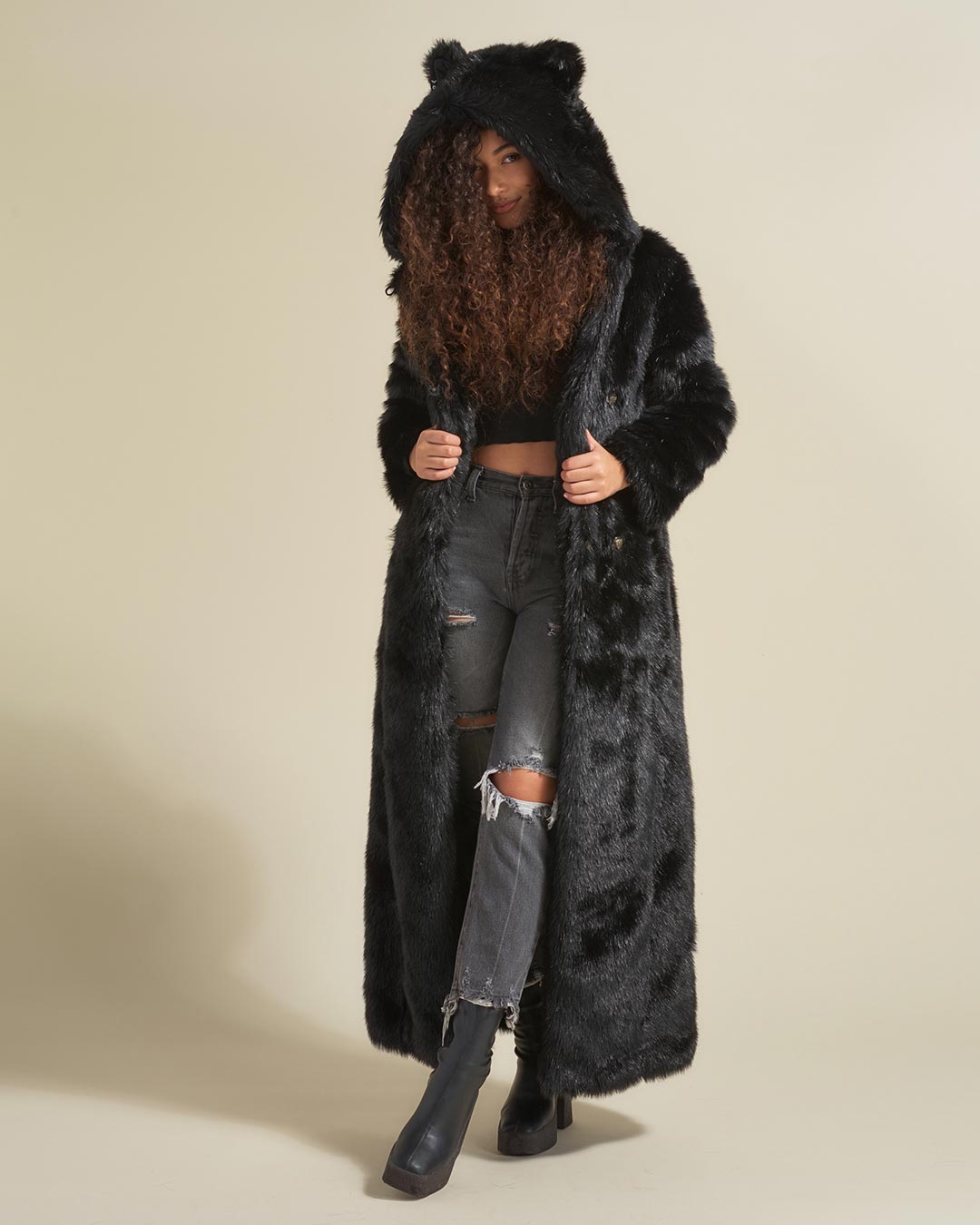 Fashion faux fur coat long black