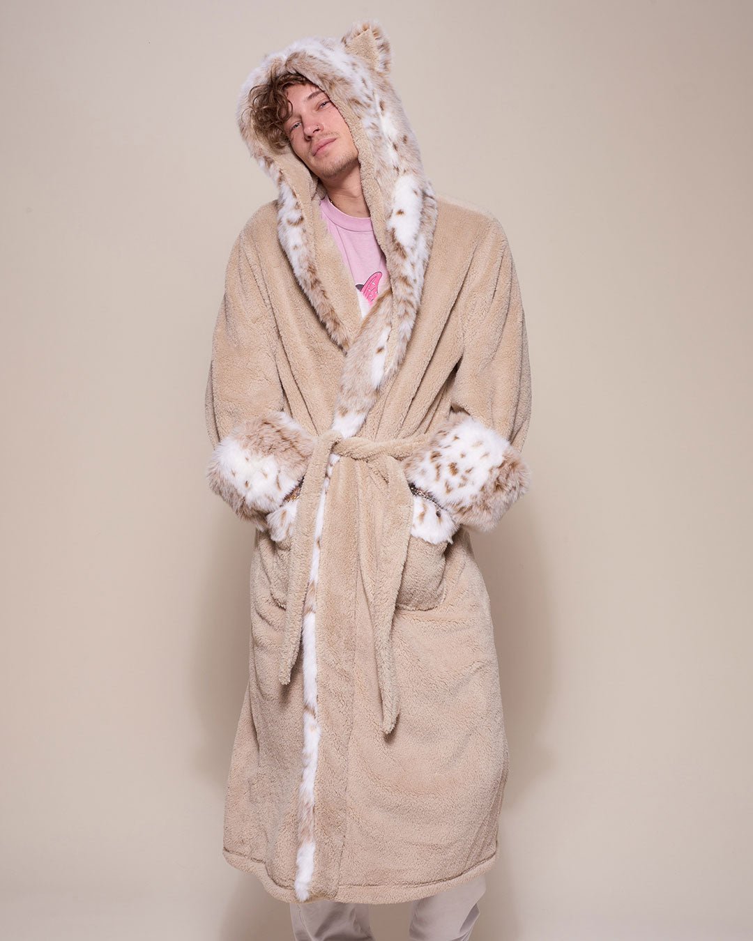 Man wearing Snow Leopard Classic Faux Fur Robe, front view 1