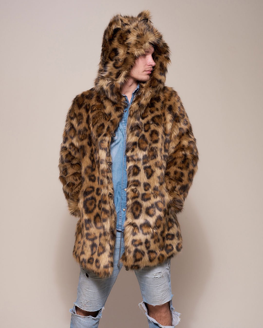 Man wearing Javan Leopard Classic Faux Fur *Almost Purfect* Coat, front view 2